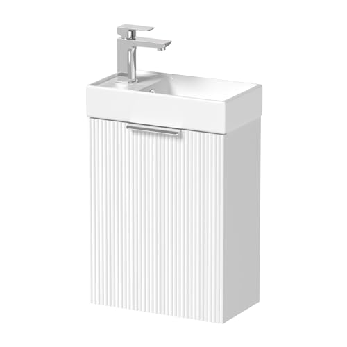 BAYSTONE® Fluted 400mm Bathroom Vanity Unit Ceramic Wash Sink, Cloakroom Storage Furniture Under Basin Cabinet Wall Hung Cupboard, Matt White