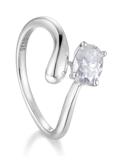 D Color VVS1 Clarity Moissanite Wave Open Ring for Women, Solid 925 Sterling Silver with Rhodium Plated, Wedding Anniversaries Valentines Jewelry, Size 5-11