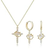YOYUNLUO Gold Crown Cross Hoop Earrings and Pendant Necklace Set for Women, 14K Gold Plated Brass, Cubic Zirconia Huggie dangle Earring Jewelry, Trendy Dainty Christian Jewelry Gift