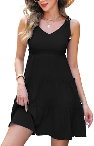 Gardenwed Women's Summer Tiered Sundress, V-Neck Sleeveless Ruffle Casual A-Line Beach Mini Dress with Shoulder Ties