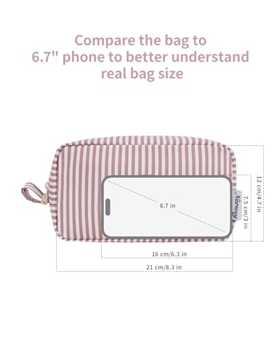 Image of Narwey Cute Makeup Bag Small Toiletry Bag Travel Cosmetic Bag Organizer Make Up Bags with Organized Pockets for Women (Dusty Rose Stripe, Large)