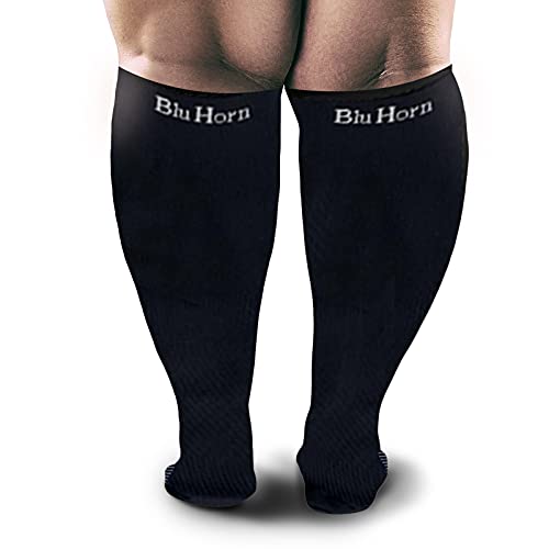 Image of Knee High Compression Socks 15-20 mmHg Improves Blood Circulation for Wide Calf Travel, Running, Cycling Athletic, Color-Black
