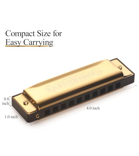 Randon Golden Harmonica Key of C with Case, 10 Holes 20 Tones Diatonic Harmonicas Mouth Organ, Blues Harmonica for Adults/Kids/Professional Players/Beginners, Vintage Style Harmonica, as a Gift