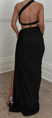 Women's Sexy 2 PCS One Shoulder Tank Tops Lace Up Bodycon Split Skirts Cocktail Party Dress Outfits Set2