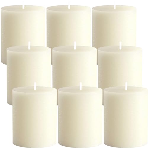 MTLEE 9 Pack Pillar Candles 3 x 4 Inch Smokeless and Dripless Large Candles Pillar Hand Poured Long Clean Burning Unscented Pillar Candles Set for Wedding Dinner and Home Decor (Ivory)