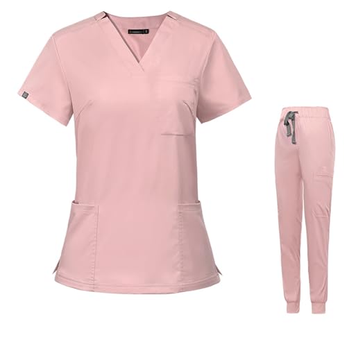 Meichoon Set de uniformes médicos para mujer Top de manga corta con cuello en V y 3 bolsillos Cintura elastizada Pantalones jogger de yoga elastizados DK09 Rosa Pequeño