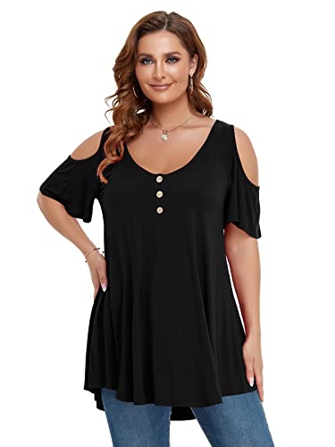 LARACE Cold Shoulder Tops for Women Plus Size V Neck T Shirts Short Sleeve Summer Clothes Button Up Tunic