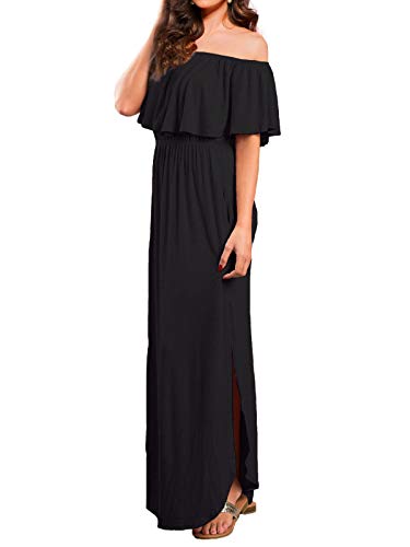 VERABENDI Women's Off Shoulder Summer Casual Long Ruffle Beach Maxi Dress with Pockets Black M - Image 3