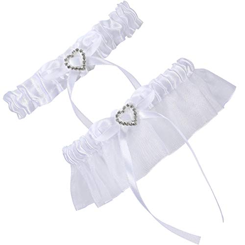 Cosweet 2 Pcs Lace Wedding Bridal Garter Set- Stretchy Bridal Garters with Rhinestone Satin Bow for Bride Accessories Dress (Heart)