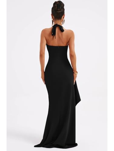 LAGSHIAN Women's Sexy Deep V Neck Halter High Split Backless Cocktail Party Formal Maxi Dress4