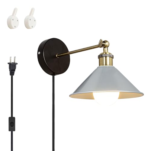 Image of ANYE Wall Sconce UL Plug-in Cord Bronze E26 Base Retro Minimalist Style Silver Iron Shade Wall Light Fixture for Cabinet Kitchen Hotel Bulb Sold Separately