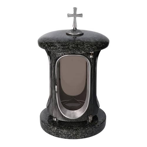 Élégante lanterne funéraire en granit Impala (foncé) - Hauteur : 23 cm - Diamètre : 15 cm - Argenté - Avec croix