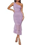 ZESICA Women's One Shoulder Summer Dress Sleeveless Mesh Ruched Bodycon Sexy Formal Cocktail Midi Dresses,Purple,Medium