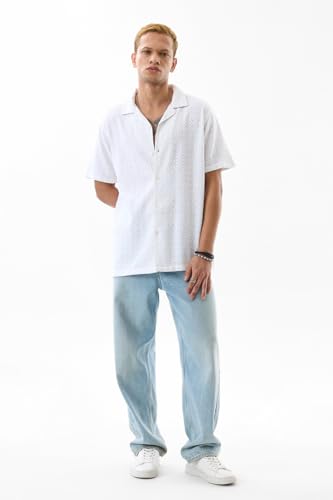 Image of SNITCH Men Casual Shirt | Regular Fit Half Sleeve Cuban Collar Textured Pattern with Embellished Sequins | 100% Viscose & Breathable Fabric for Everyday Wear