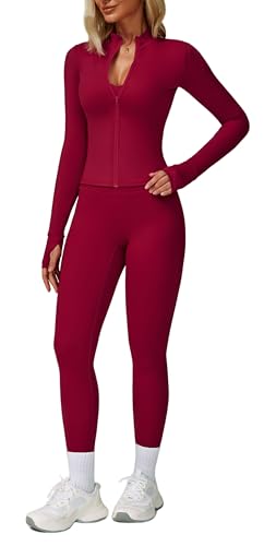 Belriviere Zweiteiliges Damen-Trainingsanzug-Set, langärmelig, Reißverschlussjacke mit sportlicher Leggings mit hoher Taille, Workout-Set, rot, M