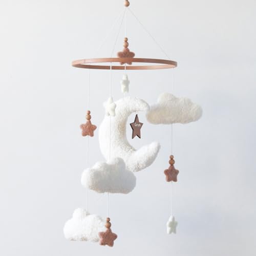 Image of Goukurlsma Cloud Crib Mobile for Girls & Boys, Boucle Cloud Baby Mobile for Crib Neutral Boho Nursery Mobile, Stars and Moon