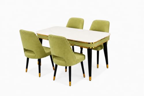 Image of WOODEN SPACE 4 Seater Wooden Dining Table Set | Urban Marble Top Dining Table with Chairs for Dining Room & Kitchen (Modern Vintage Light Green) (54 x 36 x 30 inch)