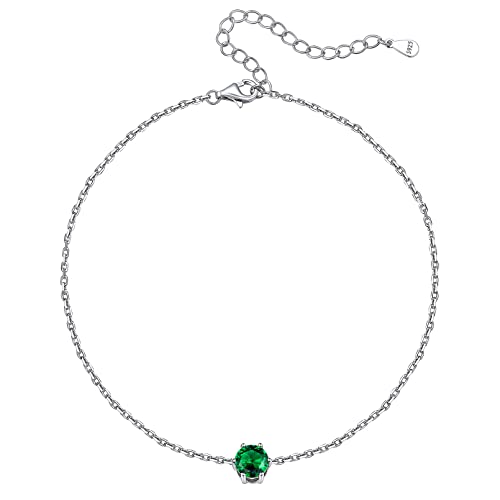 Chicsilver 925 Sterling Silver Anklets For Women Teen Girls, Simple Dainty 6Mm Round Cut Synthetic Green Emerald May Birthstone Ankle Bracelet Beach Foot Jewelry #TOP14