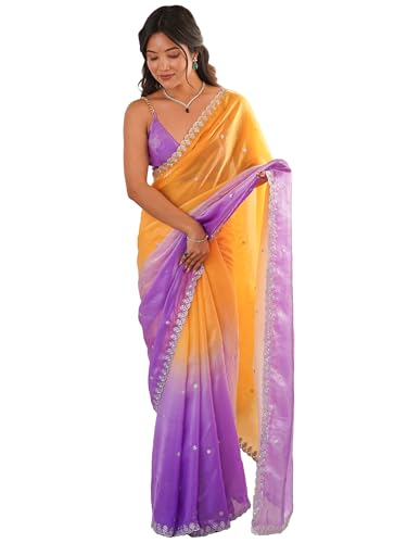 Image of AKHILAM Women's Shimmer Satin Sequence Embroidery Saree With Unstitched Blouse Piece(AARYAN21701 KR Parent)