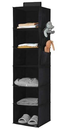 YOUDENOVA Hanging Closet Organizers 6 Shelves Hanging Shelves With Side Pockets Wardrobe Clothes Organizer Bedroom Storage Black