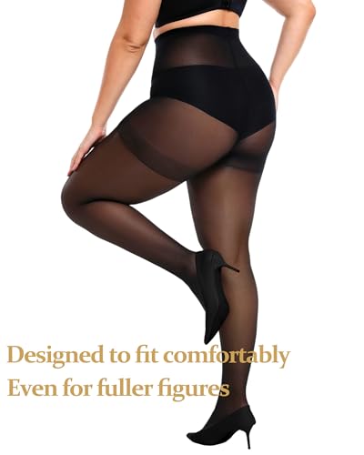 Women's 2 Pairs Plus Size Sheer Tights for Women - 20D Queen Size Control Top Pantyhose with Reinforced Toes2