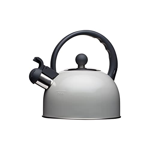 Induktionsgeeigneter Pfeifkessel der Living Nostalgia-Reihe von KitchenCraft, 1,4 l, Wasserkocher in antiker Cremefarbe, Metall, grau, 18 x 21.5 x 21 cm