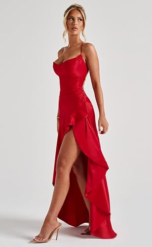 Satin Mermaid Prom Dresses for Women 2025 V-Neck Ruffled Slit Spaghetti Straps Long Evening Gown Formal Dress4