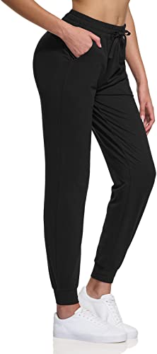 Tsla Women's Sweatpants With Pockets, Casual Comfy & Cozy Loungewear, Athletic Stretch Workout Yoga Pants, Peach Skin Jogger Pants Black, Small #TOP2