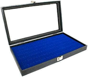 Novel Box Glass Top Black Jewelry Display Case + Blue 72 Slot Ring Display Insert + Custom NB Pouch