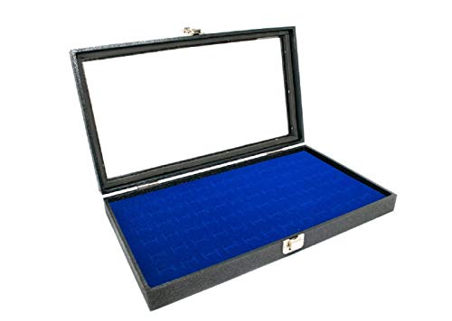 Novel Box Glass Top Black Jewelry Display Case + Blue 72 Slot Ring Display Insert + Custom Nb Pouch #TOP6