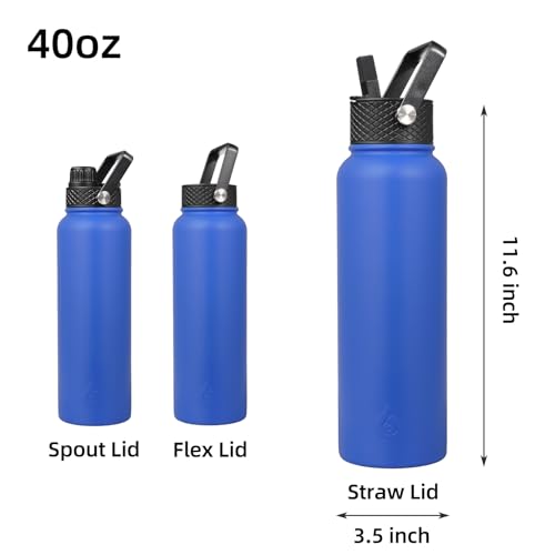 Image of BJPKPK Insulated Water Bottles with Straw Lid, 40oz Stainless Steel Metal Water Bottle with 3 Lids, Reusable Thermo, Keep Cold Hot for Sports, Gym-Sapphire