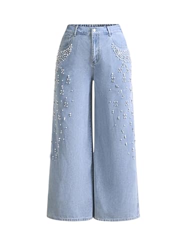 Verdusa Women's Plus Size Faux Pearl Rhinestone Jeans Wide Leg Denim Pants with Pockets