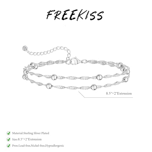 Image of Freekiss Sterling Silver Ankle Bracelets for Women: Dainty Layered Waterproof Anklet for Women Adjustable Womens Anklet Set Stackable Figaro Beaded Cuban Link Anklets Beach Jewelry for Women