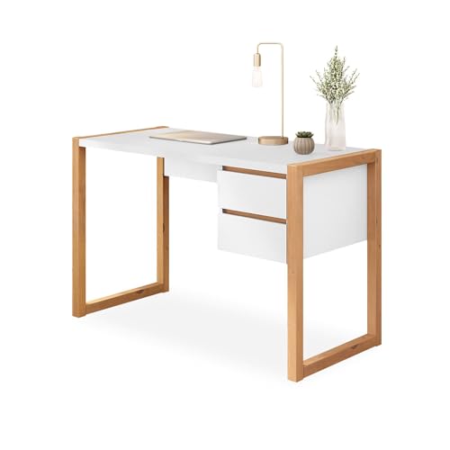 IDIMEX Schreibtisch Belinda mit 2 Schubladen, Weiß/Eiche – Home Office Tisch aus Kiefer Massivholz, Modernes Design mit praktischem Stauraum