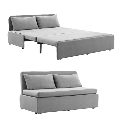 Image of BALUS 64 inch W Queen Size Pull Out Sleeper Sofa Bed Couch with Pullout Bed, 2 in 1 Convertible Linen Loveseat Sofa Sleepers with Pillows and Tri-fold Mattress for Small Space Loft Home Office, Light Grey