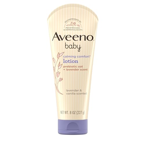 Image of Aveeno Baby Calming Comfort Moisturizing Lotion with Relaxing Lavender & Vanilla Scents, Non-Greasy Body Lotion with prebiotic Oatmeal & Dimethicone, Paraben- & Phthalate-Free, 8 fl. oz