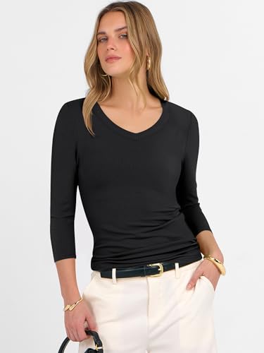 ANRABESS Womens Tops 3/4 Sleeve V Neck Ribbed Knit Slim Fit Shirts Basic Tee 2025 Fall Outfits Casual Tshirt Fashion Clothes2