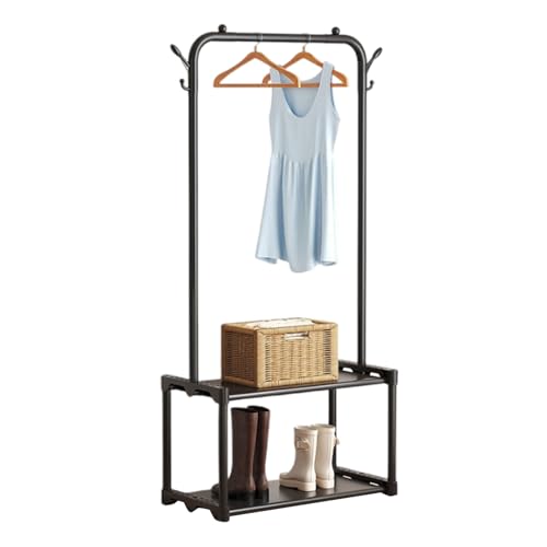 ハンガーラック, 玄関ラック, 服掛けるラック, 洋服掛け, 服掛け, スリムタイプ 高さ150/165cm 多機能 衣類ラック おしゃれ 服 ラック 組み立て式 帽子収納 小物収納 寝室 玄関 家庭用 大容量 (ブラック,2段-幅56cm)