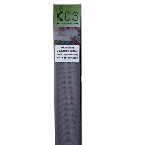 Image of KCS 3 pc of 15 inch x 18 inch Counted Cross Stitch Cotton Aida Cloth Needlework Rolled Fabric Box,14CT,Light Steel Grey