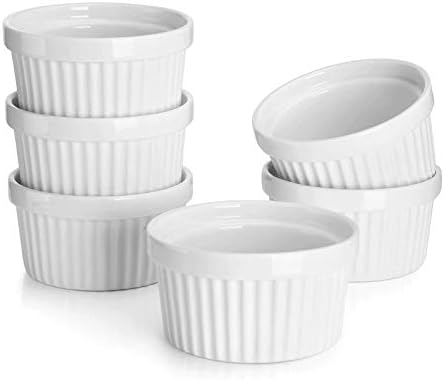 Sweese 8 oz Ramekins Set of 6, Creme Brulee Ramekins Oven Safe, Porcelain Ramiken Set, Souffle, Custard Cups for Baking and Ice Cream Bowl, White, 501.001