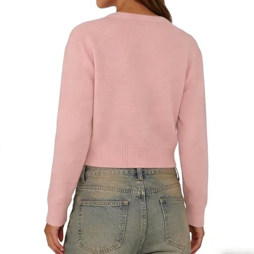 Image of Women Y2K Button Front Crop Sweater Cardigan Solid Color Crew Neck Long Sleeve Knit Fall Tops Streetwear