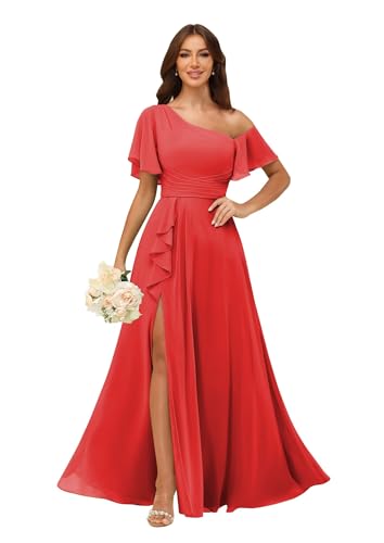 Image of One Shoulder Bridesmaid Dresses for Women with Pockets Short Sleeve Ruffled Chiffon Formal Evening Gowns
