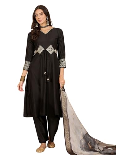 Image of EthnicJunction Women's Cotton Silk Embroidered Anarkali Kurta Palazzo with Digital Print Dupatta Set