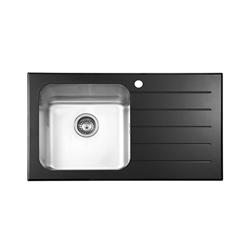 JASS Ferry Schwarz Edelstahl Glas Top Küche Spüle 1.0 Single Große Schüssel Rechte Hand Abtropffläche Abtropfgestell 860 x 500 mm  10 Jahre Garantie