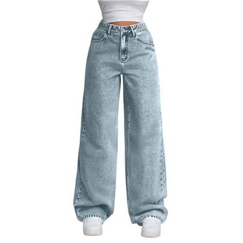 Generisch Baggy Jeans Damen Hosen Teenager Mädchen Wide Leg Jeans Baggy Straight Jeanshosen High Waist Palazzo Hose Weites Bein Stoffhose Hosenanzug Elegant Freizeithosen mit Taschen