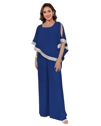2 Piece Mother of The Bride Pantsuits for Wedding with Sleeves Sequin Chiffon Formal Evening Gown Outfits
