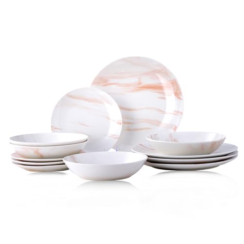 Image of Bestone 12 Pieces Round Kitchen Dinnerware Sets,Plates and Bowls sets,Dishes, Plates, Bowls, Dish Set,Plates and Bowls,Service for 4, Orange and White Marble