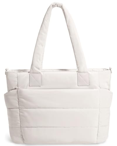 Tote Bag for Women Puffer Tote Bag Large Quilted Nurse Bag with Zipper for Work Travel (Beige)