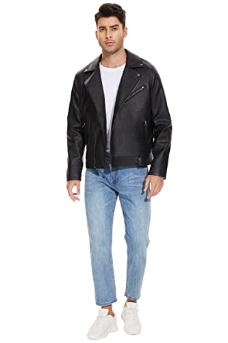Fahsyee Leather Jackets for Men, Faux Bomber Jacket Mens Motorcycle Lapel Asymmetric Zip-Up Belt Slim Fit Biker Coat