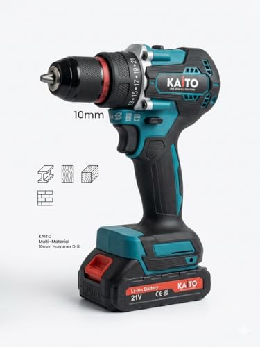 Image of KAITO 10mm Cordless Drill Machine Kit | 21V Li-ion, 2 Batteries + Charger | 2000 RPM, 3-in-1 Drill /Driver /Hammer | Metal Chuck, High Torque | Wood, Metal & Wall Drilling Tool Set